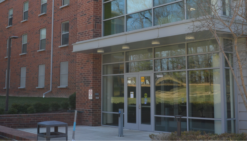 Front entrance of Taylor Hall at George Mason University, a residence hall for first-year students