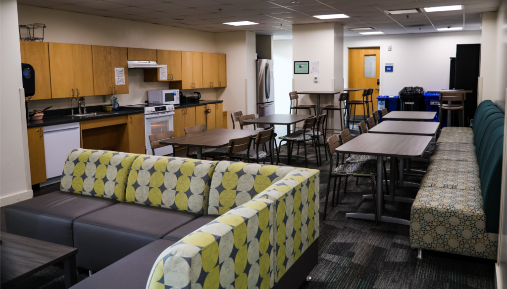 Kitchen area in Whitetop Hall with counters, appliances, and shared seating